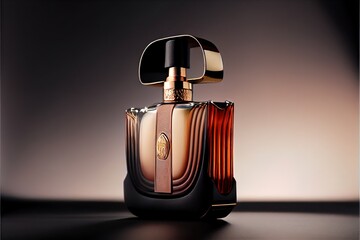  a bottle of perfume with a gold top on a table with a black background and a black background behind it. Generative AI