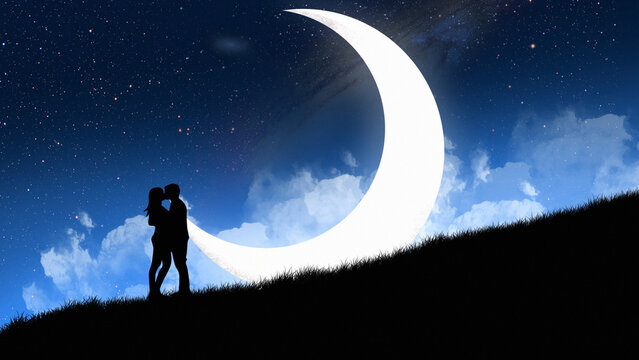 couple  with big moon and mountain scene horizon view digital art ,type painting ,3d illustration , high definition ,  wallpaper