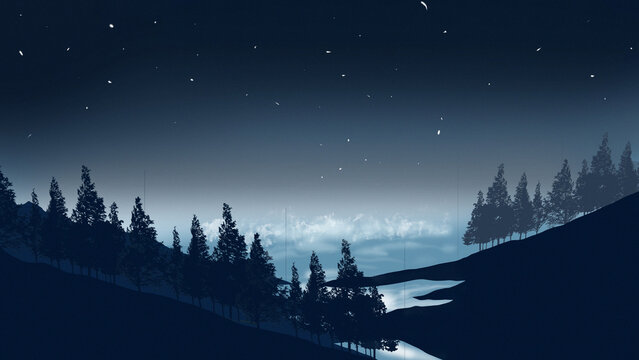 mountain and tree scene night with river sky digital art ,type painting ,3d illustration , high definition ,  wallpaper
