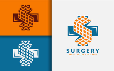 Surgery Medical Logo Design. Abstract Initial Letter S with Square Shape and Medical Cross Combination Concept.