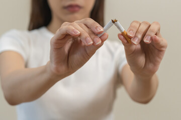 Quit, stop smoking, addiction asian young woman, girl refusing cigarette, smoker quitting smoke,...