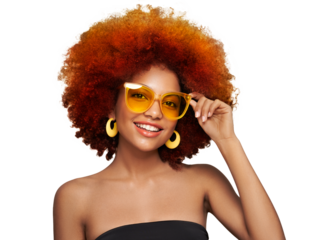 Beauty portrait of African American girl in colored sunglasses. Beautiful black woman. Cosmetics, makeup and fashion