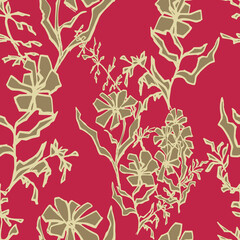 Abstract wild flowers in seamless pattern. Hand drawn graphic flowers on a Magenta background.