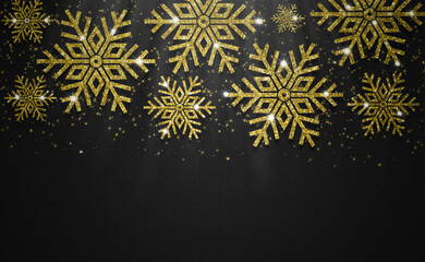 merry christmas and happy new year. Gold glitter snowflake black background