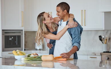 Cooking, love or couple hug in a kitchen with healthy food diet in an interracial relationship or...
