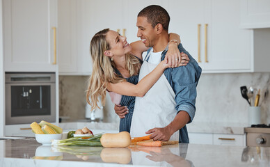 Cooking, love or couple hug in a kitchen with healthy food diet in an interracial relationship or marriage at home. Carrot, vegetables or happy woman hugging romantic partner preparing a dinner meal - Powered by Adobe