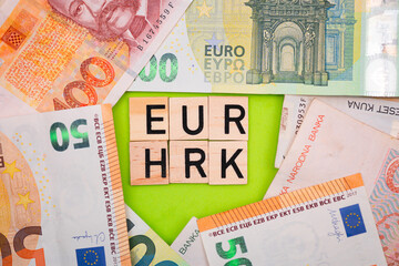 The inscription EUR HRK, i.e. the Euro to Kuna exchange rate. Croatia adopts the euro and joins the euro zone - obrazy, fototapety, plakaty