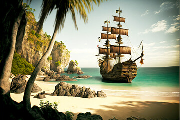 XVI Century Spanish Ship abandoned on a tropical beach. 
