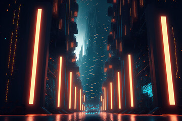 Futuristic city street in a cyberpunk style. Concept for night life, never sleep business district center. Digital artwork