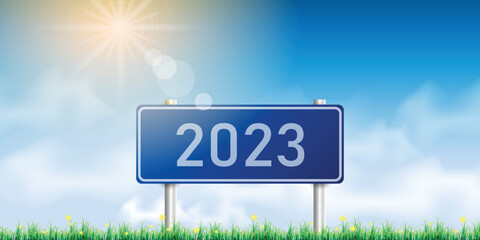 Number 2023 writing on a traffic sign. with blue sky on sunny day. concept of happy new year. vector illustration