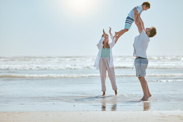 Family, beach and summer vacation with mother, father and child together for fun, love and care...