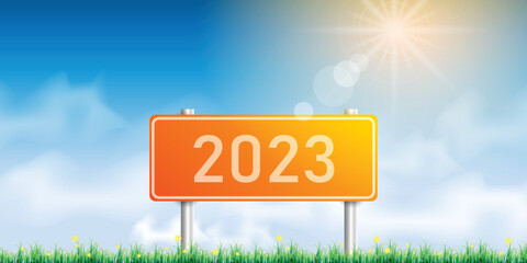 Number 2023 writing on a traffic sign. with blue sky on sunny day. concept of happy new year. vector illustration