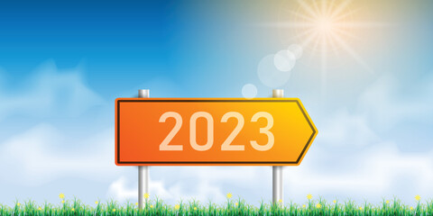 Number 2023 writing on a traffic sign. with blue sky on sunny day. concept of happy new year. vector illustration