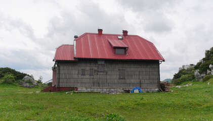 Side view of the Josip Schlosser mountain lodge in the Risnjak National Park, Gorski Kotar, Croatia