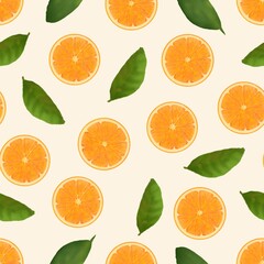 Seamless pattern with sliced ​​oranges and green leaves on a white background, graphic art.