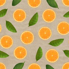 Fototapeta na wymiar Seamless pattern with sliced ​​oranges and green leaves on a beige background with watercolor paper texture, graphic art.