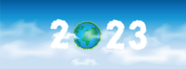  number 2023 written on a blue sky with cloud character design.alphabet of 2023. vector illustration