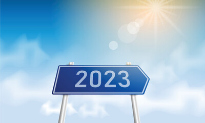 Number 2023 writing on a traffic sign. with blue sky on sunny day. concept of happy new year. vector illustration