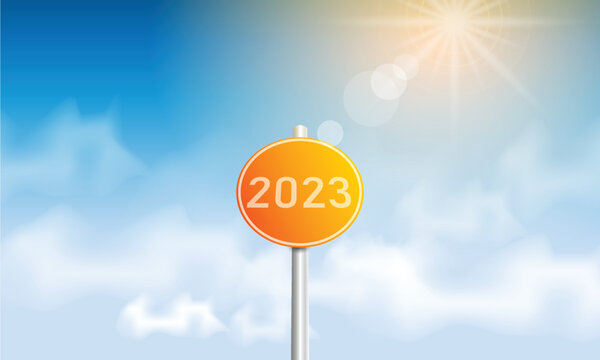 Number 2023 writing on a traffic sign. with blue sky on sunny day. concept of happy new year. vector illustration