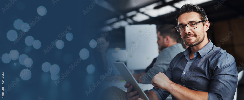Poster corporate banner, web design and businessman with a tablet for programming, marketing information te