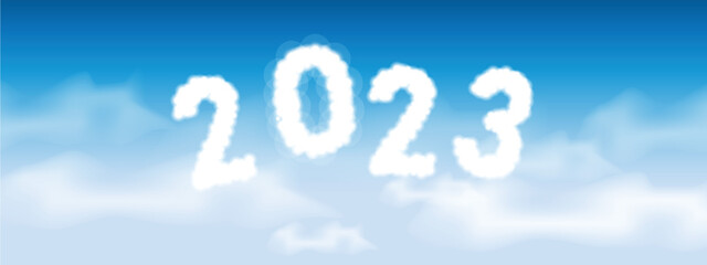happy new year. number 2023 written on a blue sky with cloud character design.alphabet of 2023. vector illustration