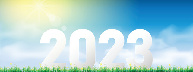 Number 2023  on grass. with blue sky on sunny day. concept of happy new year. vector illustration