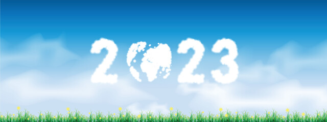 happy new year. number 2023 written on a blue sky with cloud character design.alphabet of 2023. vector illustration