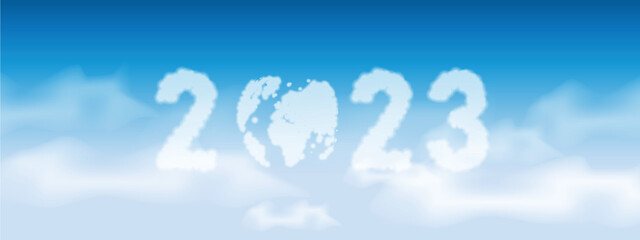 happy new year. number 2023 written on a blue sky with cloud character design.alphabet of 2023. vector illustration