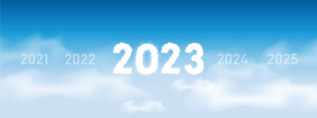 happy new year. number 2023 written on a blue sky with cloud character design.alphabet of 2023. vector illustration