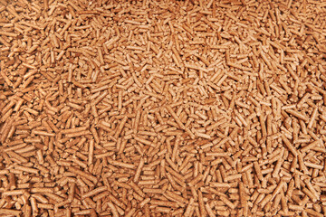Wooden pellet top view. Close-up of ecological and sustainable fuel. Renewable house heating material. Woodpellet macro.