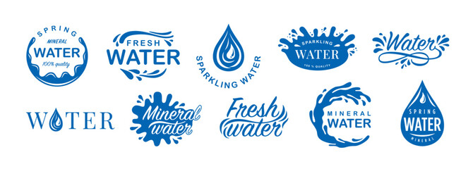 Water label. Sparkling mineral drink, fresh water emblem with splash drops and spring sticker vector set