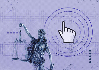 Creative collage statue Themis with scales of justice 