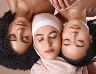 Diversity, woman and face, closed eyes for beauty, skincare wellness or cosmetics dermatology in...