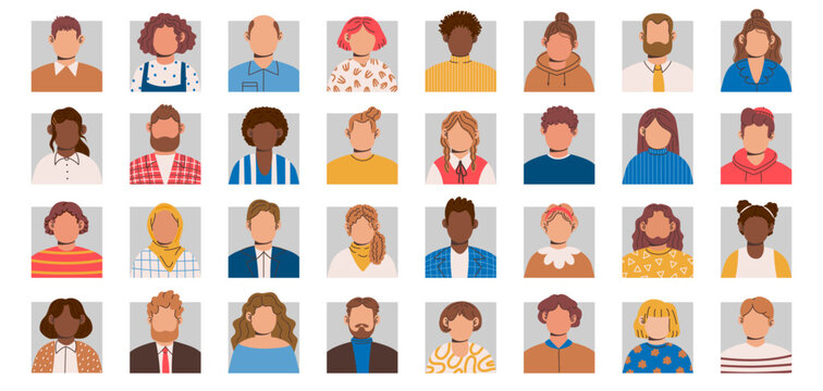 User avatars. Multiethnic people faceless portraits, personalized male and female characters userpics. Unknown customer profile icon vector set