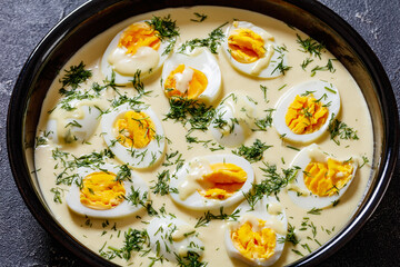 Senfeier, hard boiled eggs in creamy mustard sauce