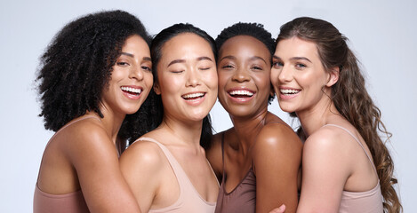 Face portrait, beauty and group of women in studio on gray background. Natural cosmetics, skincare...