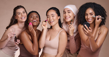 Women group, makeup studio or diversity portrait for skincare, beauty or smile for happiness. Happy cosmetic teamwork, multicultural model team or face glow aesthetic for support, solidarity or unity