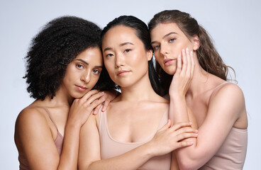 Skincare, makeup diversity and women with support, marketing dermatology and cosmetics on a studio...