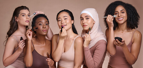 Beauty, diversity and cosmetics with makeup and women in portrait for cosmetic product advertising, skincare and different. Skin, face and facial treatment with self care and marketing with wellness.