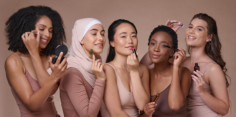 Diversity, makeup and woman portrait with beauty skincare, cosmetics and wellness product. Skin...
