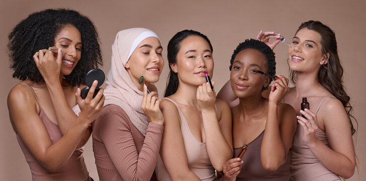 Diversity, makeup and woman portrait with beauty skincare, cosmetics and wellness product. Skin glow, smile and cosmetic products of women models together with happiness from luxury cosmetology