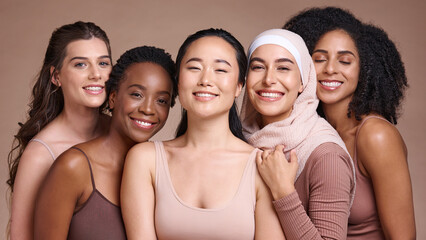 Support, diversity and women smile for skincare, beauty and empowerment against a studio...