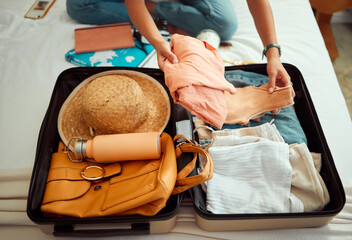Hands, woman and suitcase on a bed for travel, adventure and summer vacation, packing and clothing. Hand, girl and luggage in a bedroom for travelling, abroad and break, relax and getaway preparation - obrazy, fototapety, plakaty