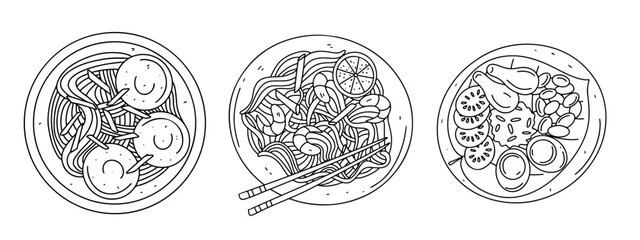 Set of rice noodles with shrimps and vegetables in hand drawn doodle style. Top view.