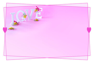 LOVEのアルファベットの文字と小さなミモザの花束のハート・フレーム-----バレンタイン・イメージ