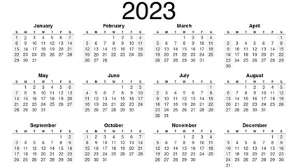 2023 calendar year illustration. The week starts on Sunday. 
Calendar design in black and white colors .