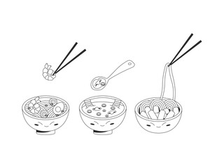 Set of three bowl with asian food with cutlery Korean miso soup Tteokbokki Japanese ramen Food concept. Vector stock illustration isolated on white background. Outline style