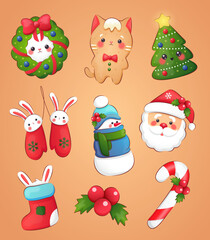 Obraz na płótnie Canvas Christmas and New Year holiday collection. Christmas stickers with funny Christmas symbols characters on a brown background. Merry Christmas and Happy New Year!