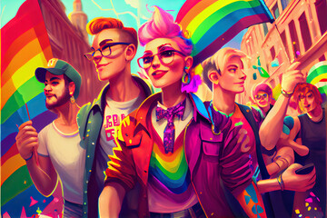 Gay pride parade, people having fun at equality march or lgbt gay parade, illustration, AI generated - obrazy, fototapety, plakaty
