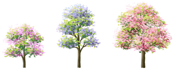 Vector watercolor blooming flower tree or forest side view isolated on white background for landscape and architecture drawing,elements for environment and garden,botanical for section in autumn   